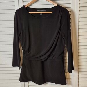 White House Black Market Black Ruched 3/4 Sleeve Top Blouse M Flattering Fit